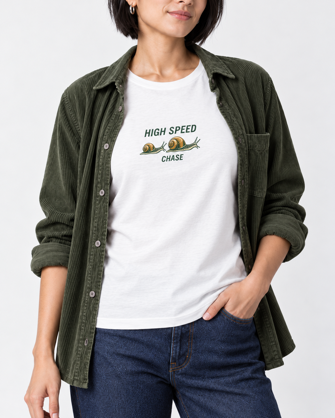 Matching collar-to-hip detail of the White Bella+Canvas 3001 unisex tee with HIGH SPEED CHASE and two original garden snails.