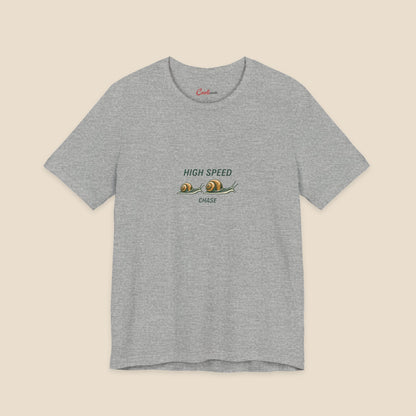 HIGH SPEED CHASE and two original garden snails on the Athletic Heather Bella+Canvas 3001 unisex tee; front colour preview.