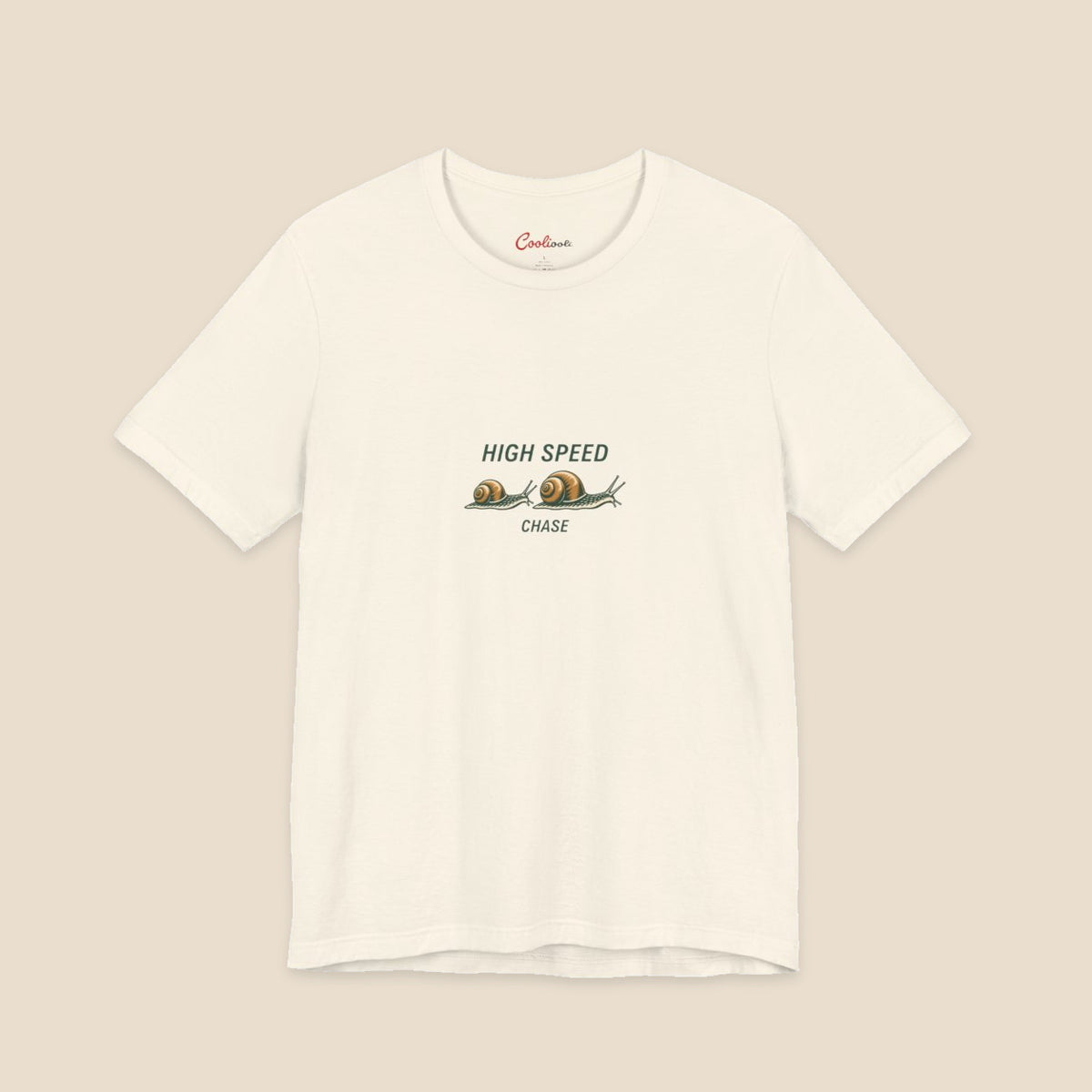 HIGH SPEED CHASE and two original garden snails on the Natural Bella+Canvas 3001 unisex tee; front colour preview.