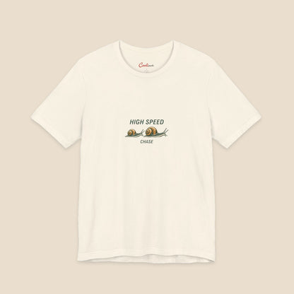 HIGH SPEED CHASE and two original garden snails on the Natural Bella+Canvas 3001 unisex tee; front colour preview.