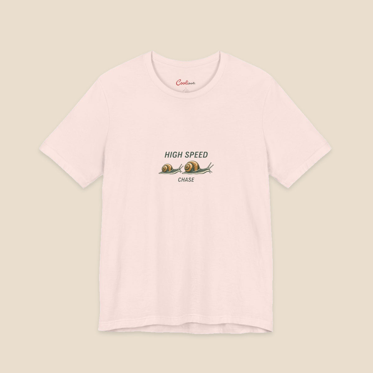 HIGH SPEED CHASE and two original garden snails on the Soft Pink Bella+Canvas 3001 unisex tee; front colour preview.