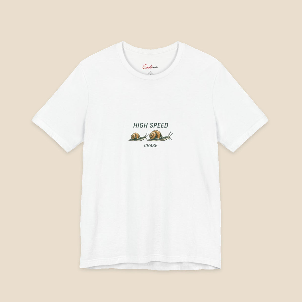 HIGH SPEED CHASE and two original garden snails on the White Bella+Canvas 3001 unisex tee; front colour preview.