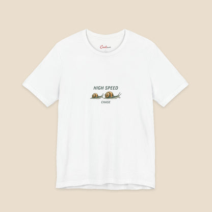 HIGH SPEED CHASE and two original garden snails on the White Bella+Canvas 3001 unisex tee; front colour preview.