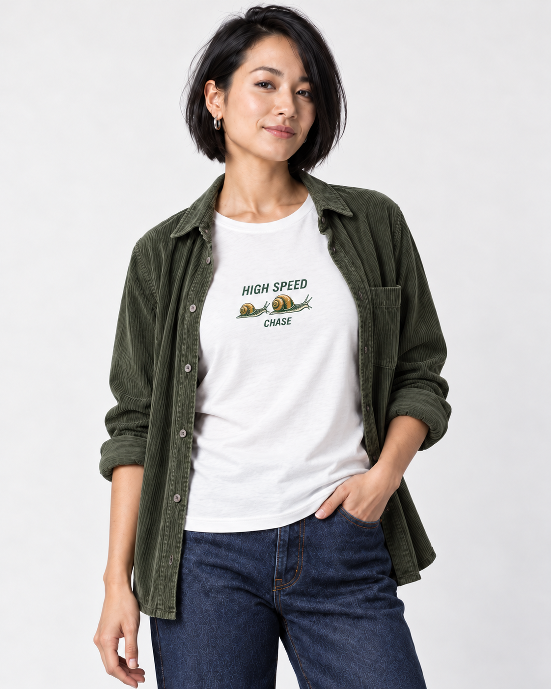 Mina wearing the White HIGH SPEED CHASE two-snail Bella+Canvas 3001 unisex tee with an open moss corduroy overshirt and dark denim in a pale studio.