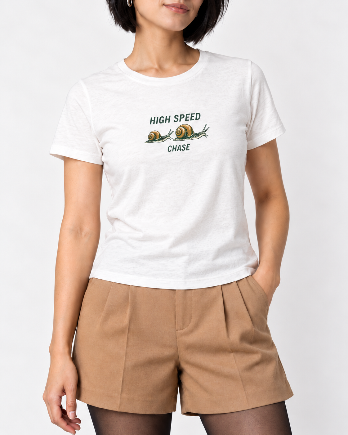 Matching collar-to-hip detail of the White Bella+Canvas 6400 women’s relaxed-fit tee with HIGH SPEED CHASE and two original garden snails.