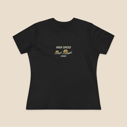 HIGH SPEED CHASE and two original garden snails on the Black Bella+Canvas 6400 women’s relaxed-fit tee; front colour preview.