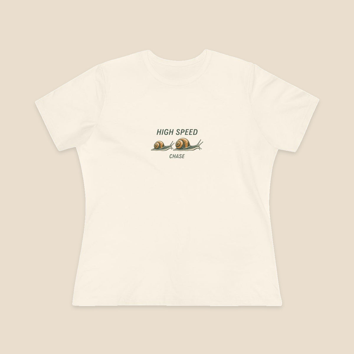 HIGH SPEED CHASE and two original garden snails on the Natural Bella+Canvas 6400 women’s relaxed-fit tee; front colour preview.