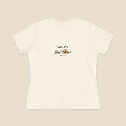 HIGH SPEED CHASE and two original garden snails on the Natural Bella+Canvas 6400 women’s relaxed-fit tee; front colour preview.
