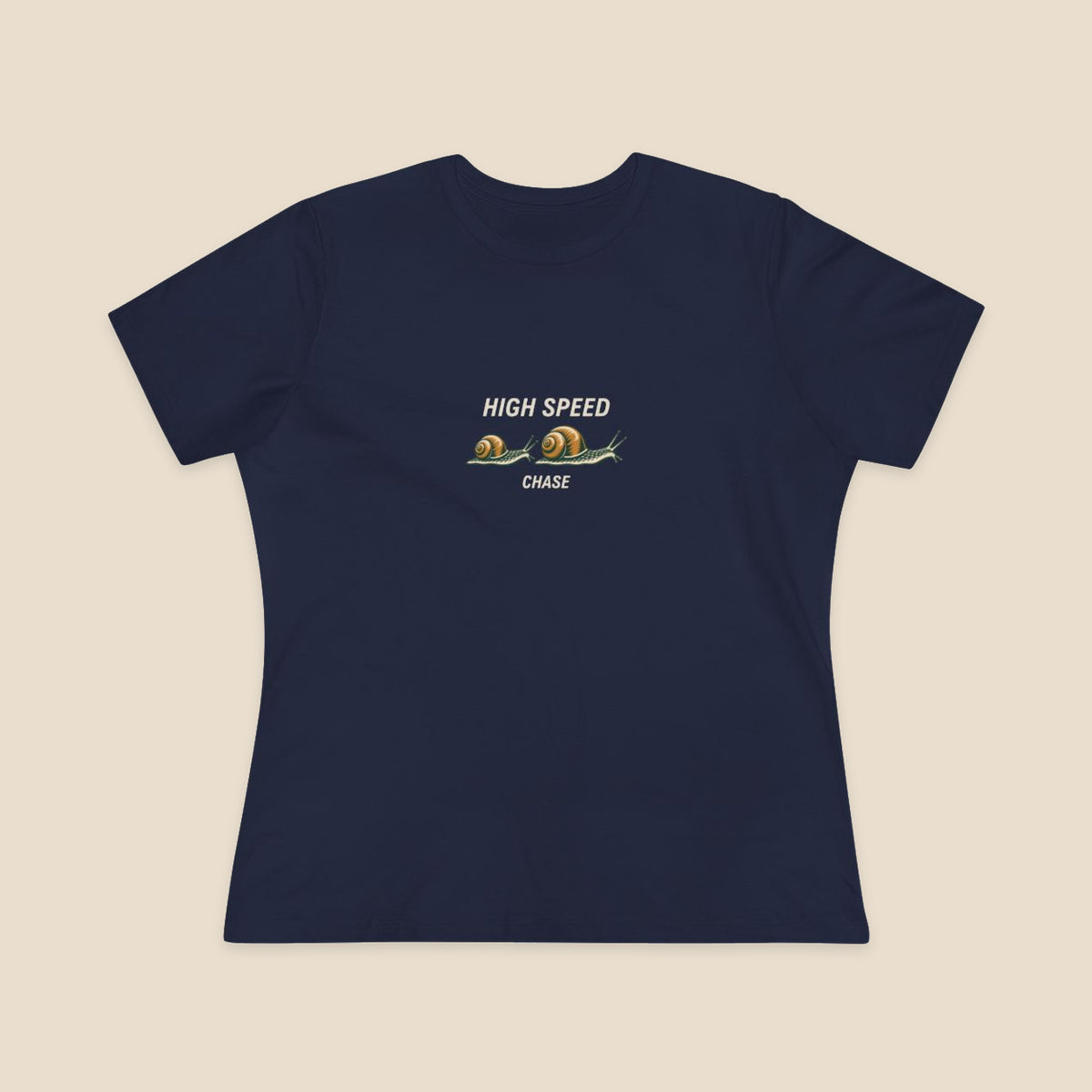 HIGH SPEED CHASE and two original garden snails on the Navy Bella+Canvas 6400 women’s relaxed-fit tee; front colour preview.