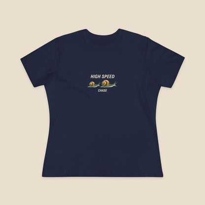 HIGH SPEED CHASE and two original garden snails on the Navy Bella+Canvas 6400 women’s relaxed-fit tee; front colour preview.