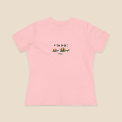 HIGH SPEED CHASE and two original garden snails on the Pink Bella+Canvas 6400 women’s relaxed-fit tee; front colour preview.