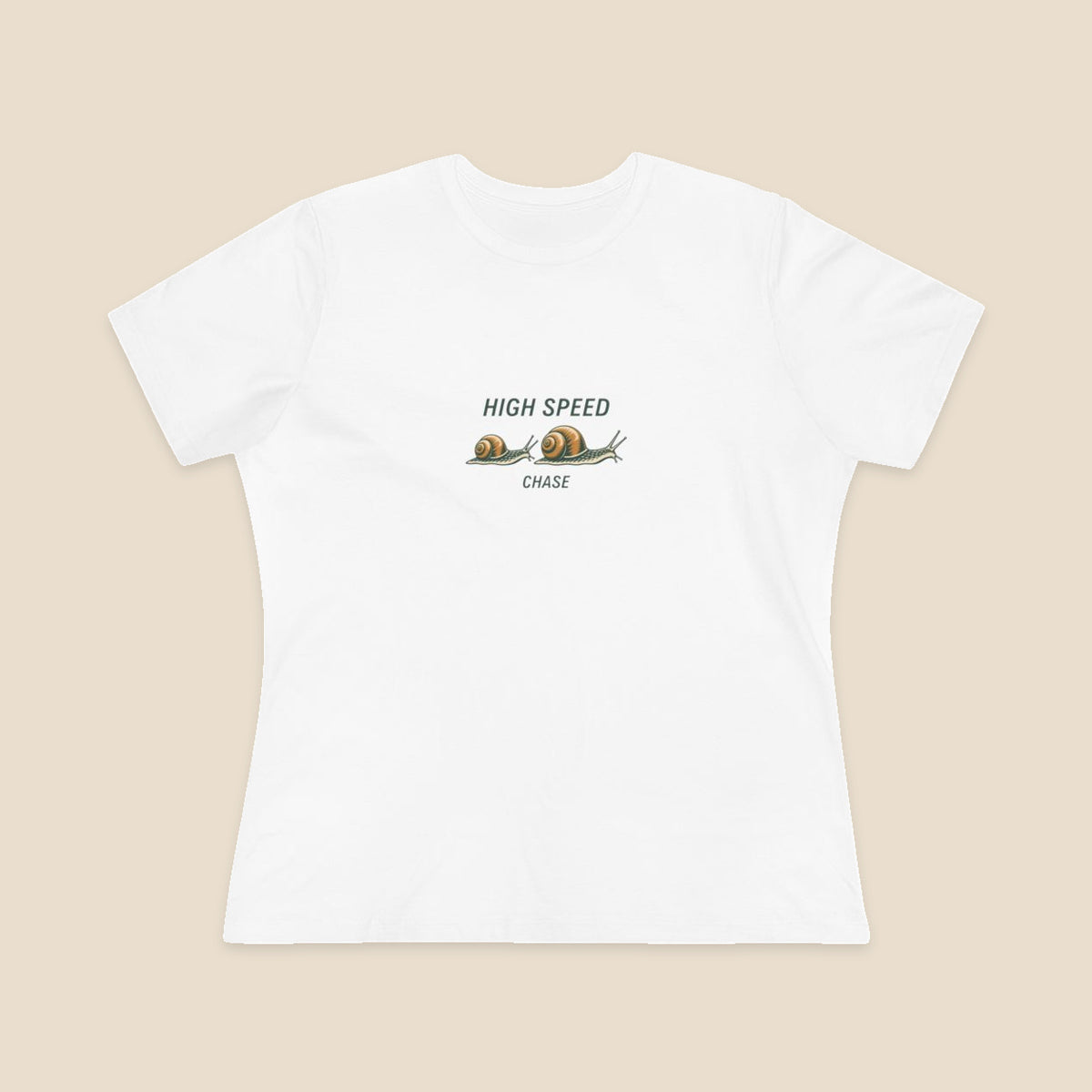 HIGH SPEED CHASE and two original garden snails on the White Bella+Canvas 6400 women’s relaxed-fit tee; front colour preview.