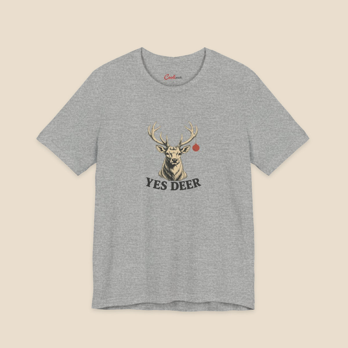 YES DEER stag and one red bauble on the Athletic Heather Bella+Canvas 3001 unisex tee; front colour preview.