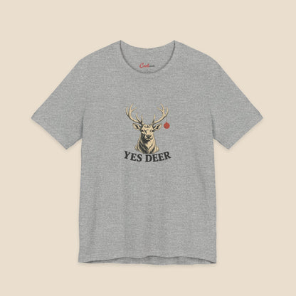 YES DEER stag and one red bauble on the Athletic Heather Bella+Canvas 3001 unisex tee; front colour preview.