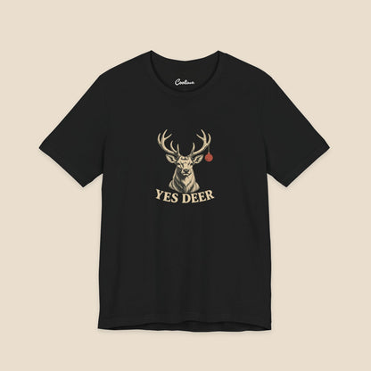 YES DEER stag and one red bauble on the Black Bella+Canvas 3001 unisex tee; front colour preview.