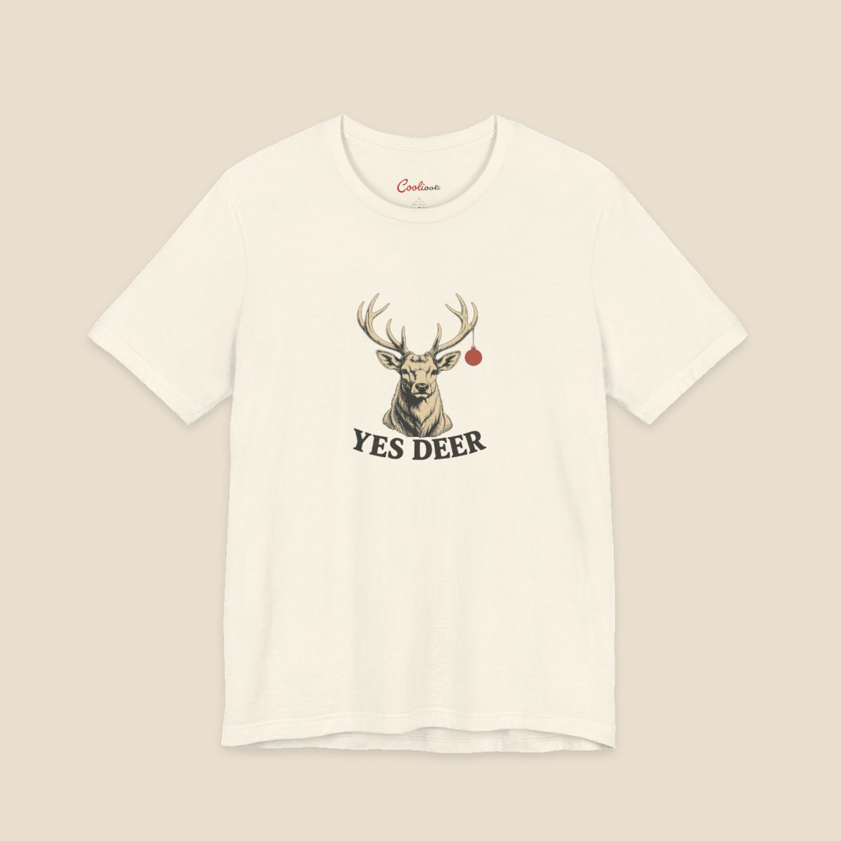 YES DEER stag and one red bauble on the Natural Bella+Canvas 3001 unisex tee; front colour preview.