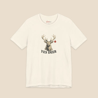 YES DEER stag and one red bauble on the Natural Bella+Canvas 3001 unisex tee; front colour preview.