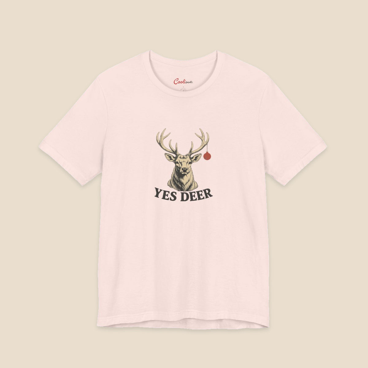 YES DEER stag and one red bauble on the Soft Pink Bella+Canvas 3001 unisex tee; front colour preview.
