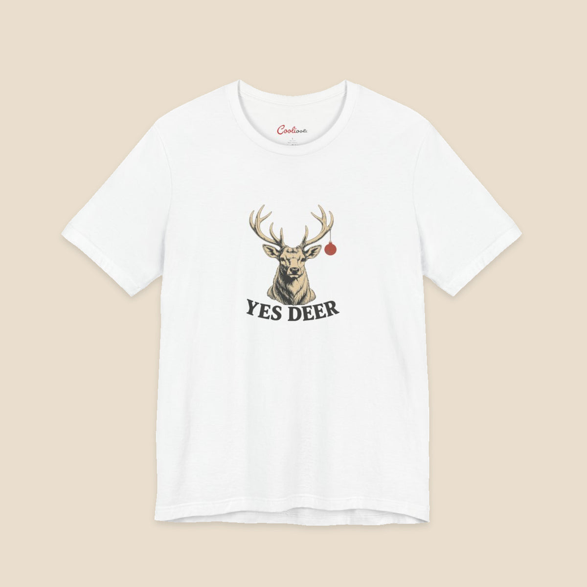 YES DEER stag and one red bauble on the White Bella+Canvas 3001 unisex tee; front colour preview.