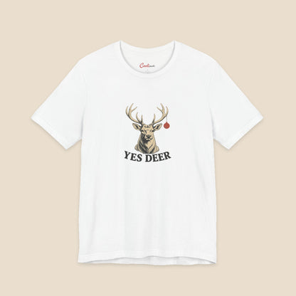 YES DEER stag and one red bauble on the White Bella+Canvas 3001 unisex tee; front colour preview.