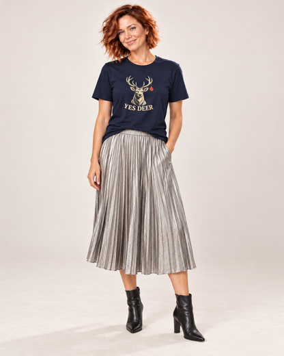 Sienna wearing the plain Navy YES DEER stag and one red bauble Bella+Canvas 3001 unisex tee with silver pleated midi skirt and black ankle boots.