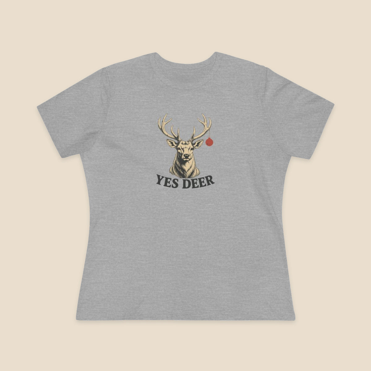 YES DEER stag and one red bauble on the Athletic Heather Bella+Canvas 6400 women’s relaxed-fit tee; actual supplier front colour preview.
