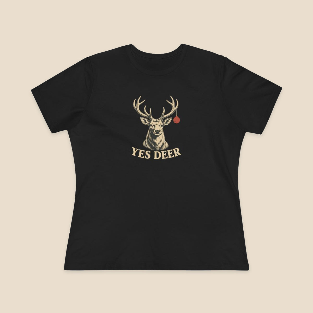 YES DEER stag and one red bauble on the Black Bella+Canvas 6400 women’s relaxed-fit tee; actual supplier front colour preview.