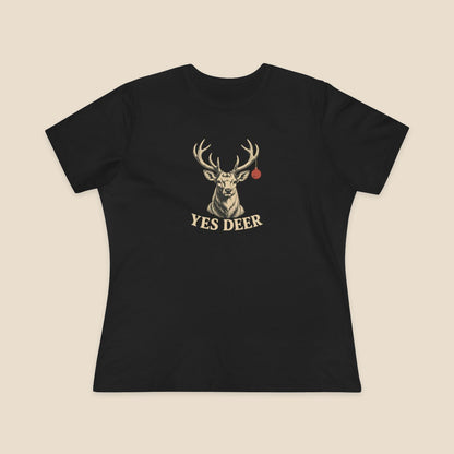 YES DEER stag and one red bauble on the Black Bella+Canvas 6400 women’s relaxed-fit tee; actual supplier front colour preview.