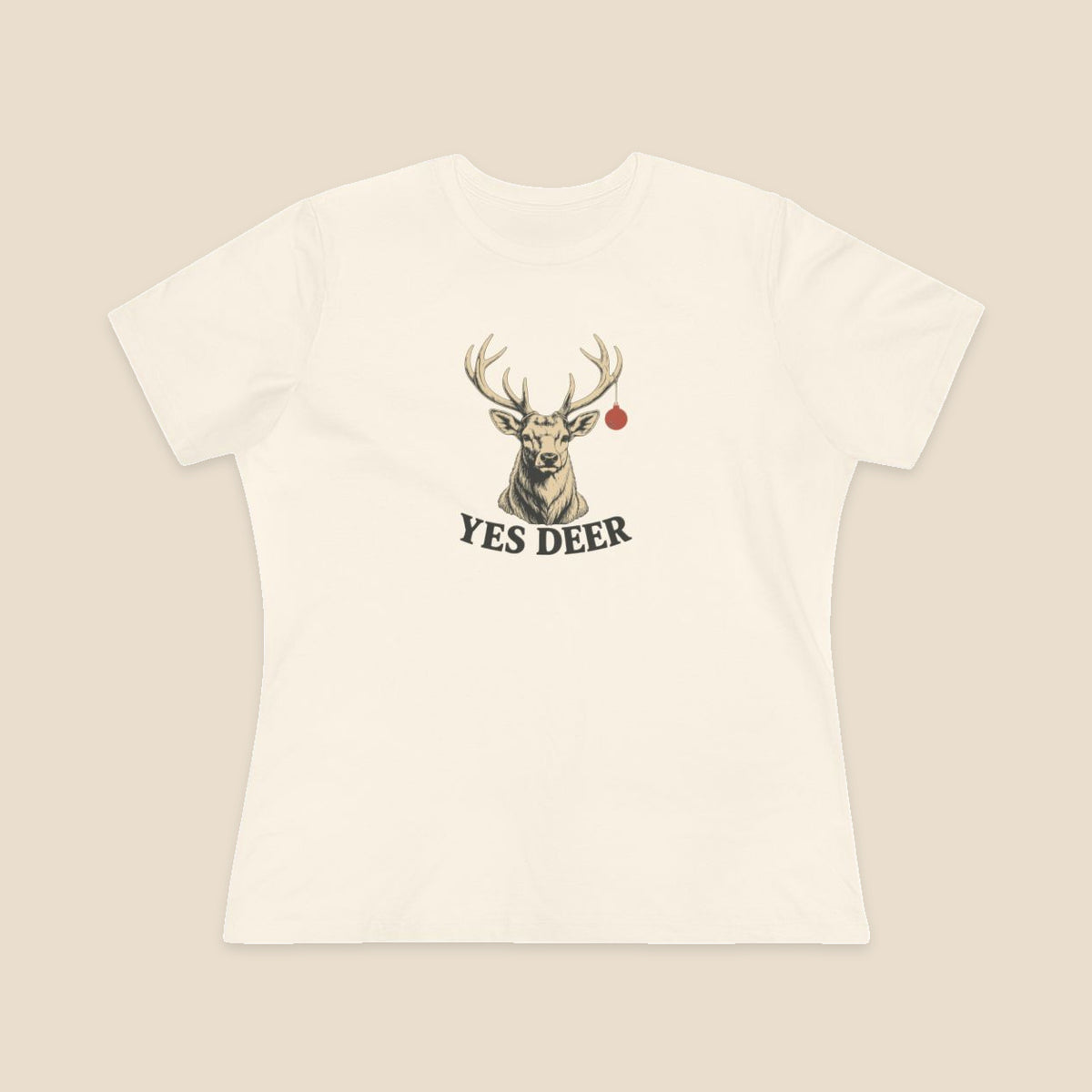 YES DEER stag and one red bauble on the Natural Bella+Canvas 6400 women’s relaxed-fit tee; actual supplier front colour preview.