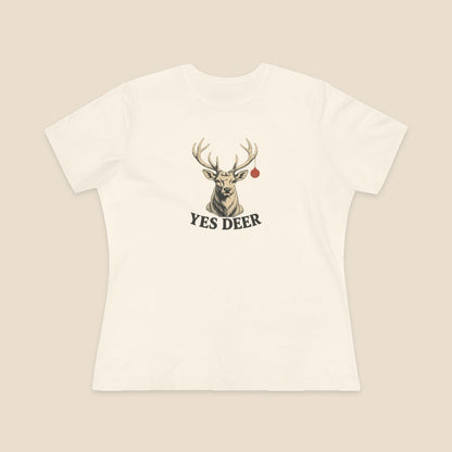 YES DEER stag and one red bauble on the Natural Bella+Canvas 6400 women’s relaxed-fit tee; actual supplier front colour preview.