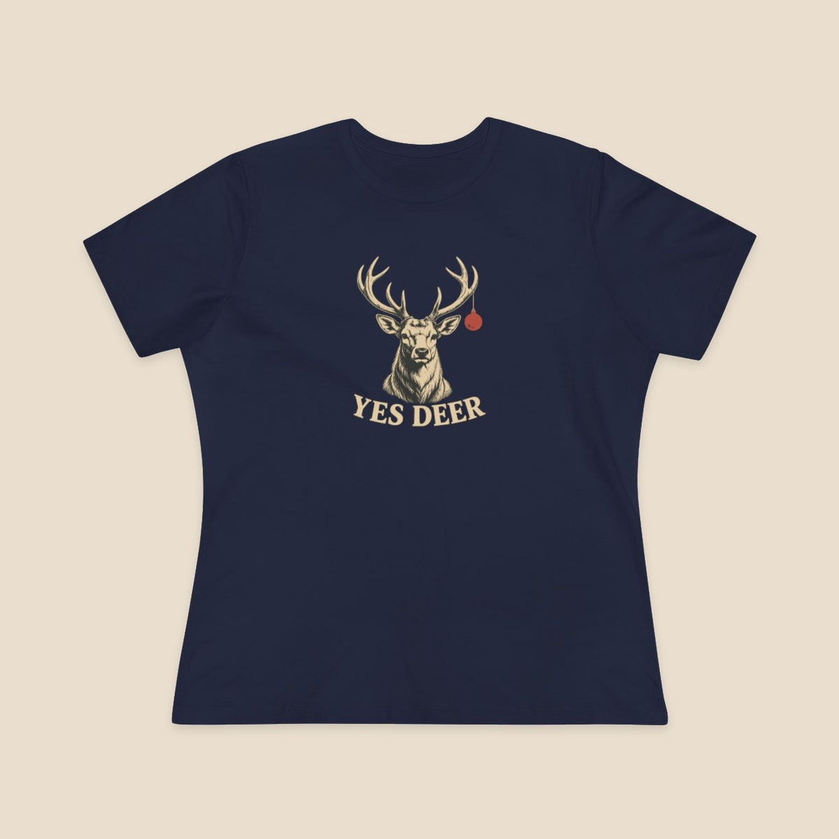 YES DEER stag and one red bauble on the Navy Bella+Canvas 6400 women’s relaxed-fit tee; actual supplier front colour preview.