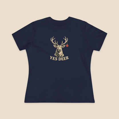 YES DEER stag and one red bauble on the Navy Bella+Canvas 6400 women’s relaxed-fit tee; actual supplier front colour preview.