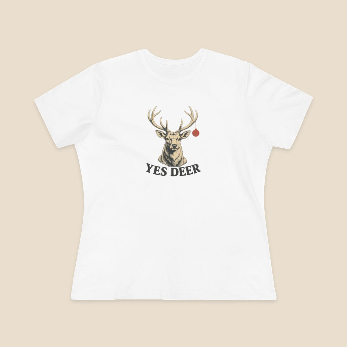 YES DEER stag and one red bauble on the White Bella+Canvas 6400 women’s relaxed-fit tee; actual supplier front colour preview.