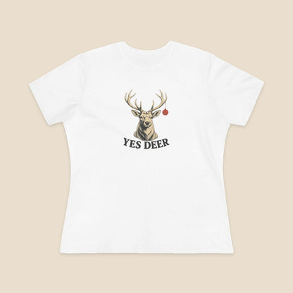 YES DEER stag and one red bauble on the White Bella+Canvas 6400 women’s relaxed-fit tee; actual supplier front colour preview.