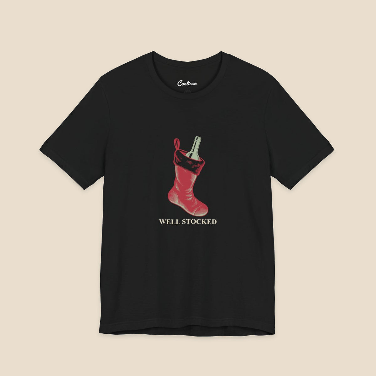 Black Bella+Canvas3001 Well Stocked Christmas T-shirt with an original solid red wine-filled stocking illustration and serif lettering.