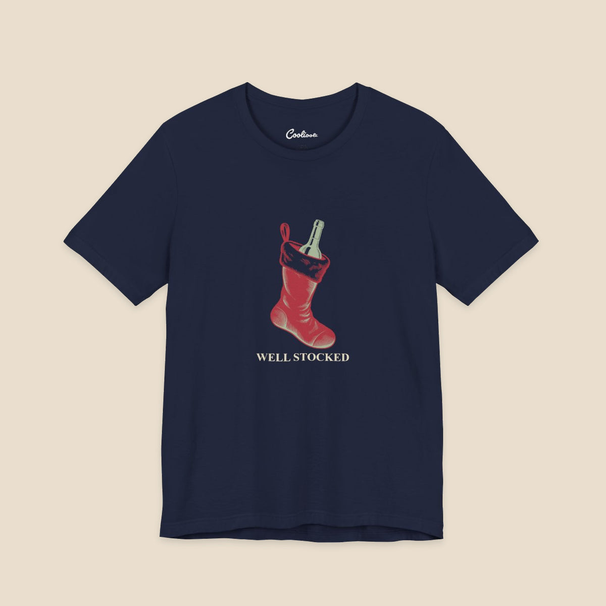 Navy Bella+Canvas3001 Well Stocked Christmas T-shirt with an original solid red wine-filled stocking illustration and serif lettering.