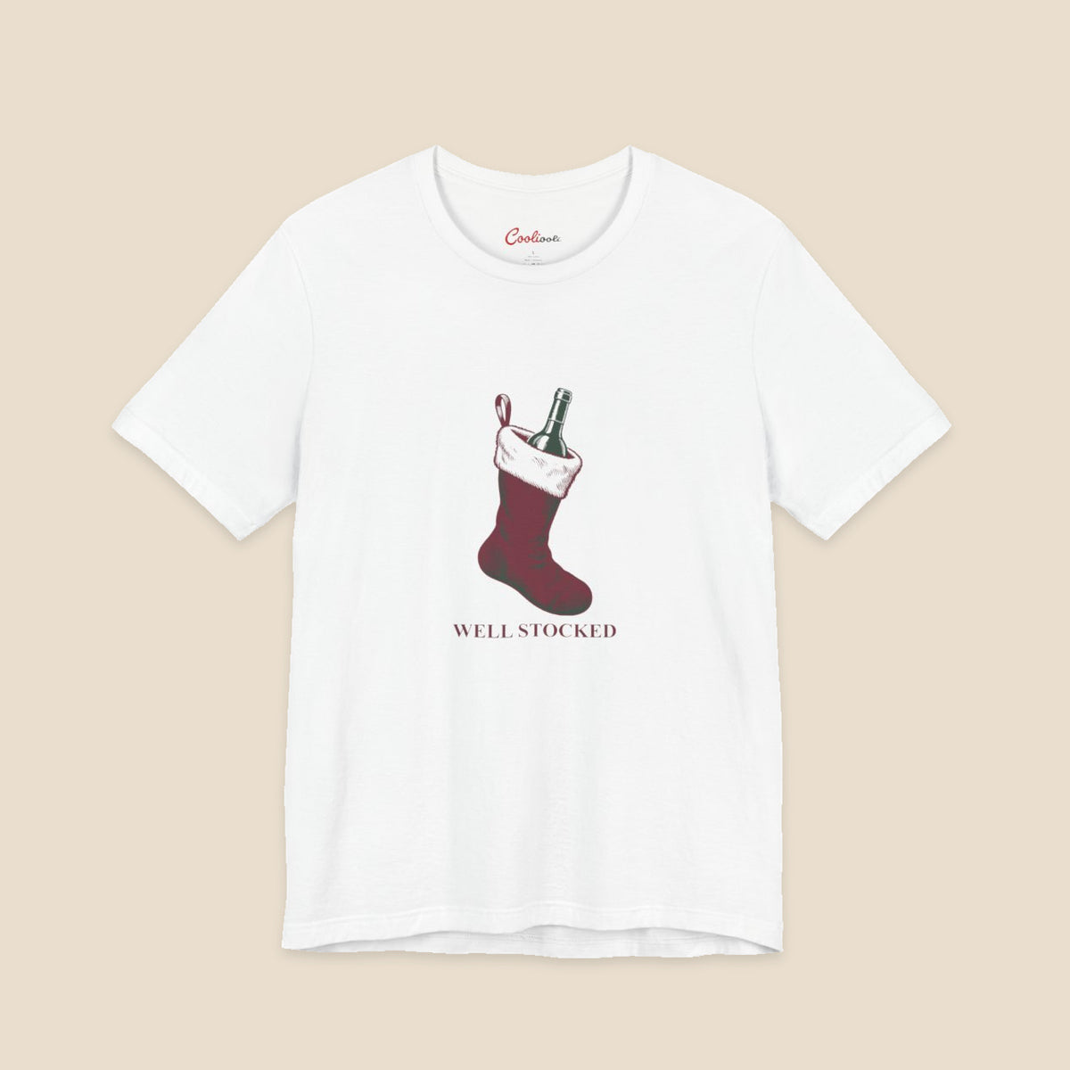 White Bella+Canvas3001 Well Stocked Christmas T-shirt with an original solid red wine-filled stocking illustration and serif lettering.