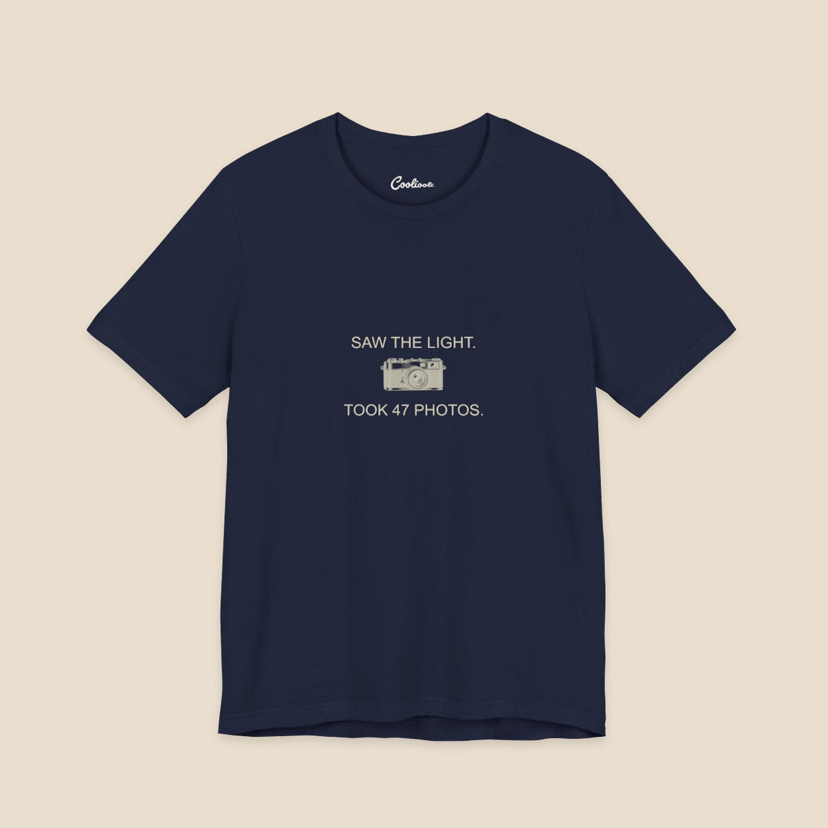 Saw the Light Took 47 Photos original camera graphic on the Navy Bella+Canvas3001 unisex tee; front colour preview.