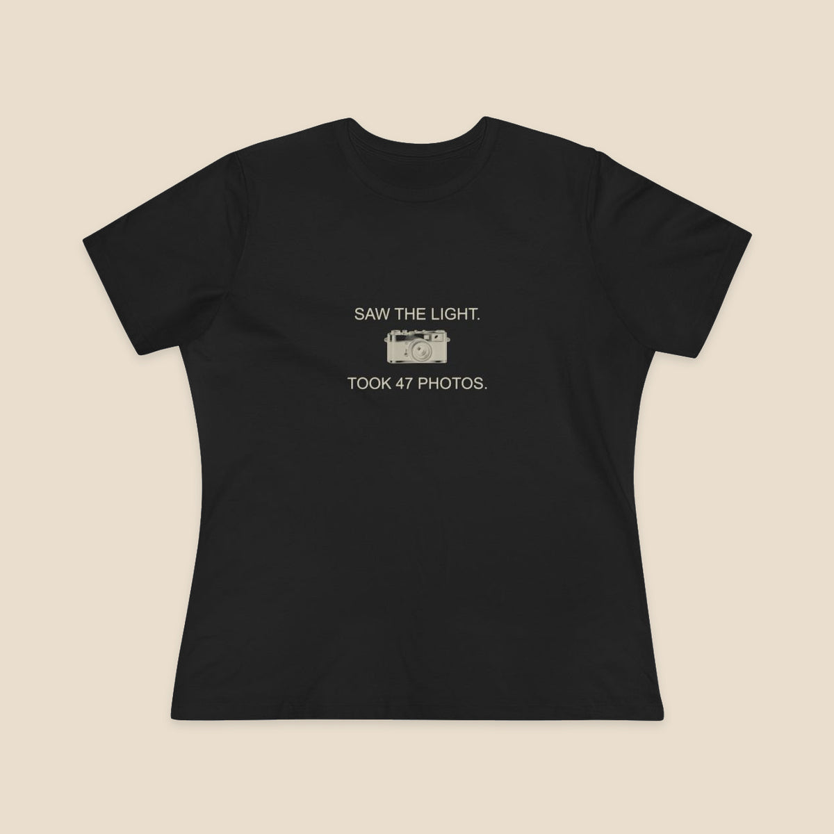 Saw the Light Took 47 Photos original camera graphic on the Black Bella+Canvas6400 women’s relaxed-fit tee; front colour preview.