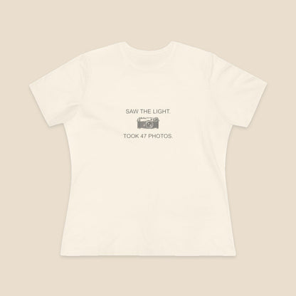 Saw the Light Took 47 Photos original camera graphic on the Natural Bella+Canvas6400 women’s relaxed-fit tee; front colour preview.