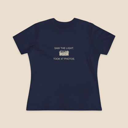 Saw the Light Took 47 Photos original camera graphic on the Navy Bella+Canvas6400 women’s relaxed-fit tee; front colour preview.