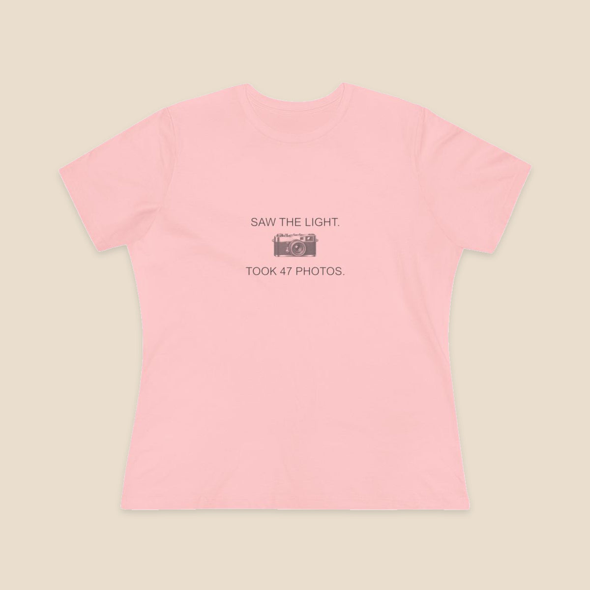 Saw the Light Took 47 Photos original camera graphic on the Pink Bella+Canvas6400 women’s relaxed-fit tee; front colour preview.