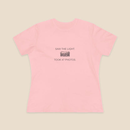 Saw the Light Took 47 Photos original camera graphic on the Pink Bella+Canvas6400 women’s relaxed-fit tee; front colour preview.