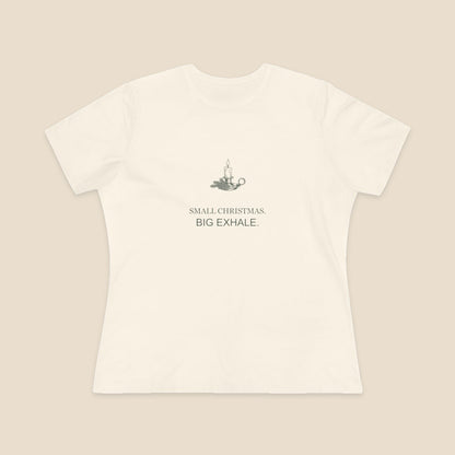 Small Christmas Big Exhale candle graphic on a Natural Bella+Canvas 6400 women’s relaxed-fit tee; front colour preview.