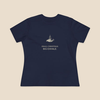 Small Christmas Big Exhale candle graphic on a Navy Bella+Canvas 6400 women’s relaxed-fit tee; front colour preview.