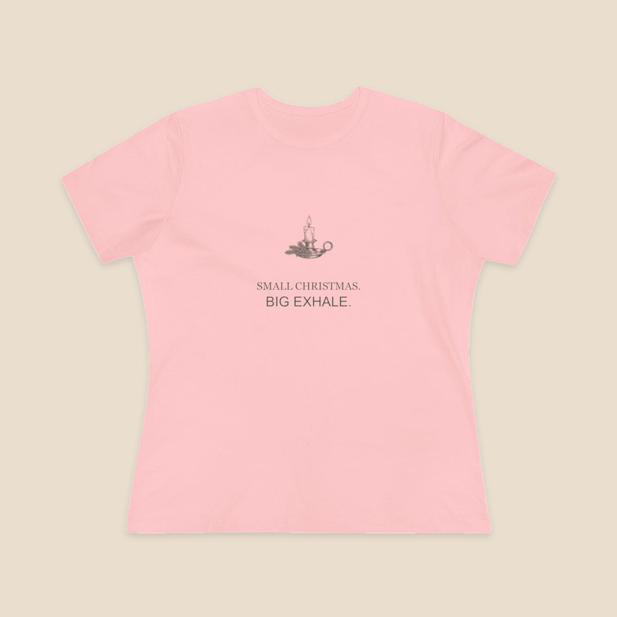 Small Christmas Big Exhale candle graphic on a Pink Bella+Canvas 6400 women’s relaxed-fit tee; front colour preview.