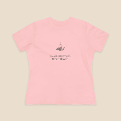Small Christmas Big Exhale candle graphic on a Pink Bella+Canvas 6400 women’s relaxed-fit tee; front colour preview.