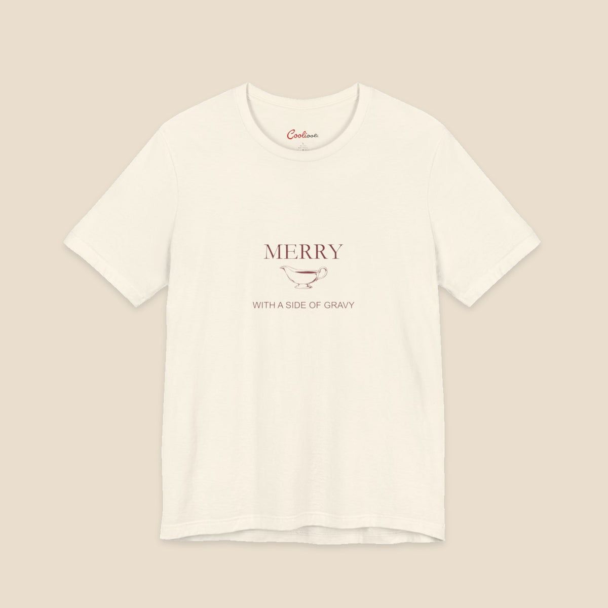 Merry With a Side of Gravy original gravy boat graphic on the Natural Bella+Canvas3001 unisex tee; front colour preview.