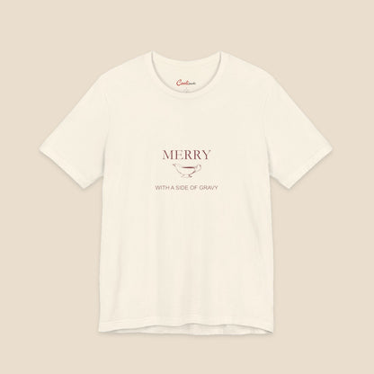 Merry With a Side of Gravy original gravy boat graphic on the Natural Bella+Canvas3001 unisex tee; front colour preview.
