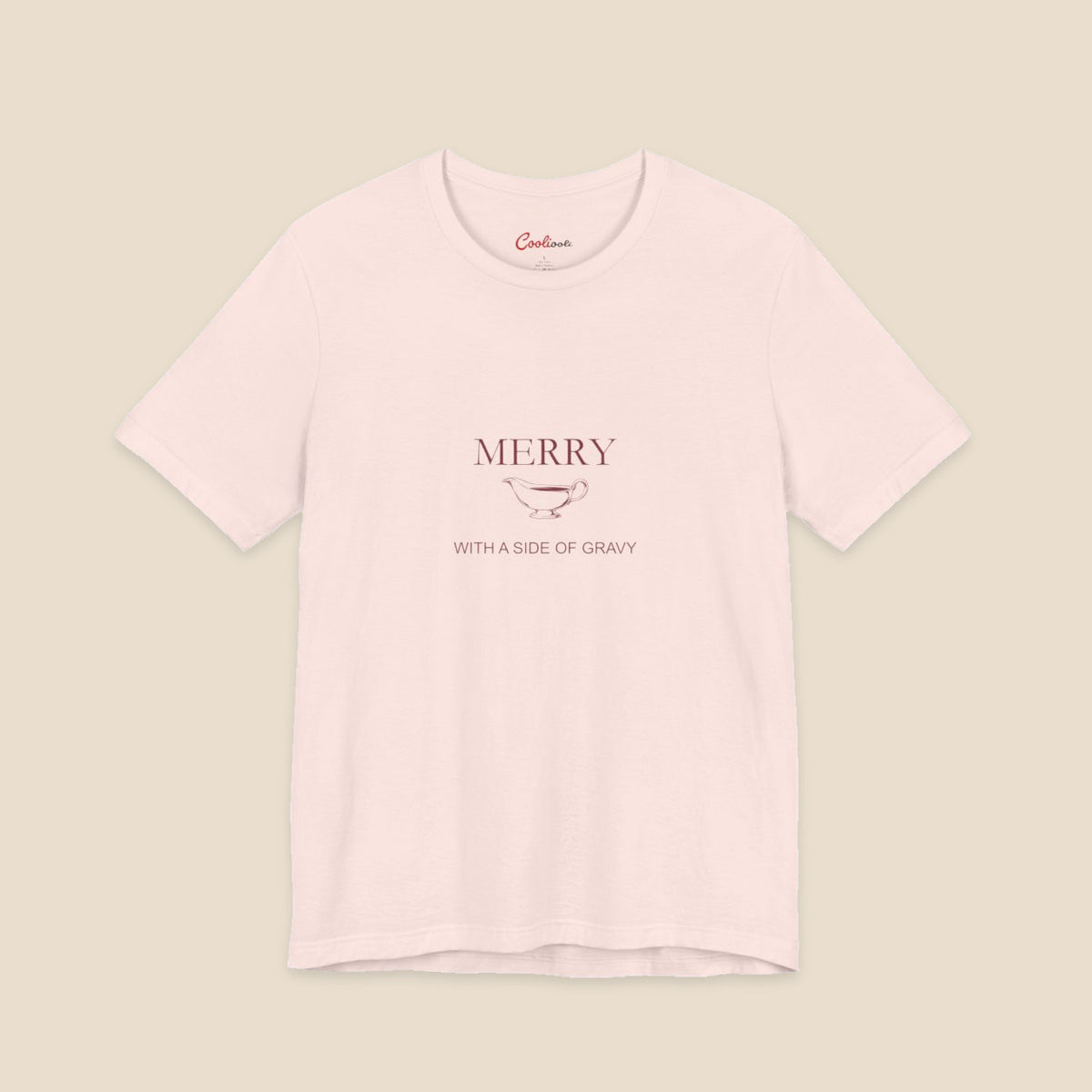 Merry With a Side of Gravy original gravy boat graphic on the Soft Pink Bella+Canvas3001 unisex tee; front colour preview.